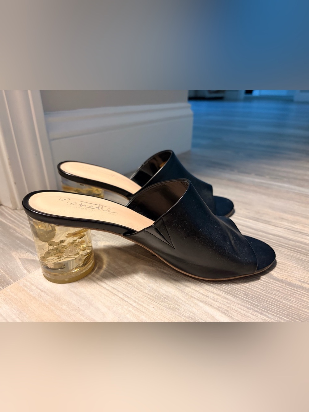 Black Slip-On Mule Sandals with Decorative Clear Heel